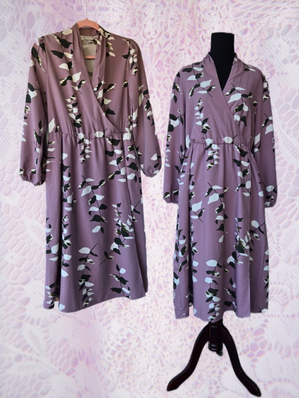 A new day Lavender Mauve Dress Faux-Crossover Long Sleeve Boho Cottage S Small